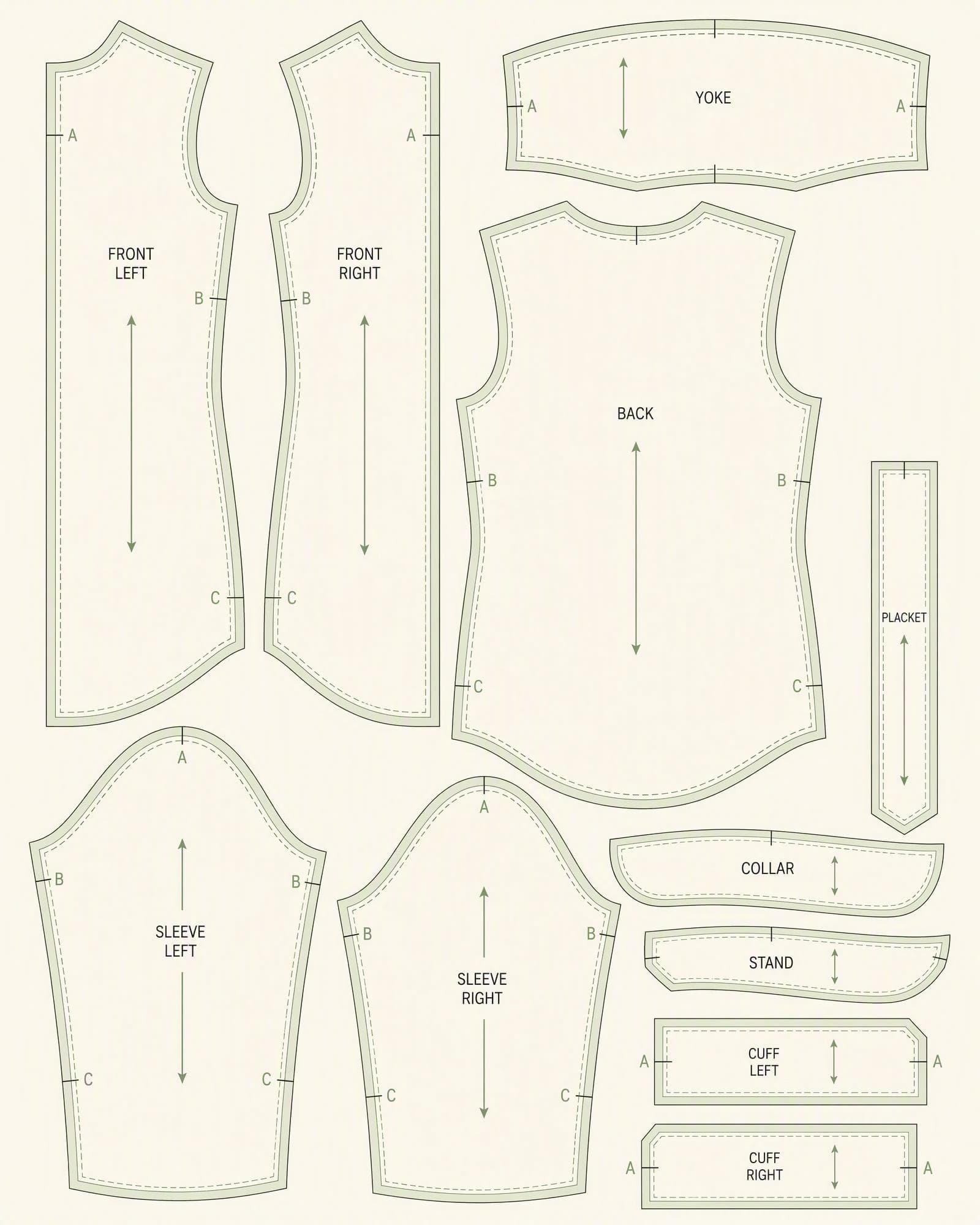 Flat pattern for the fitted shirt, seam-match indicators visible