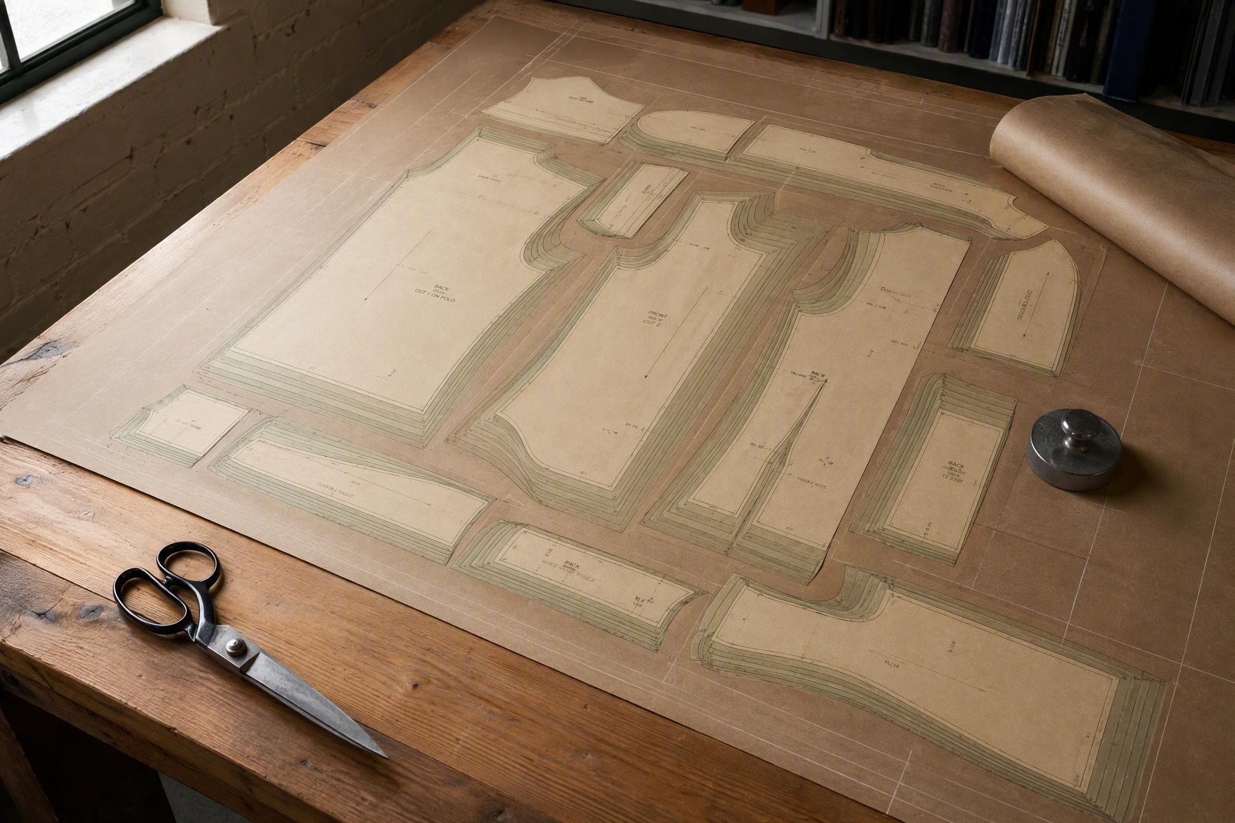 A nested size run drawn on kraft paper on a wooden cutting table, with dressmaking shears and a pattern weight