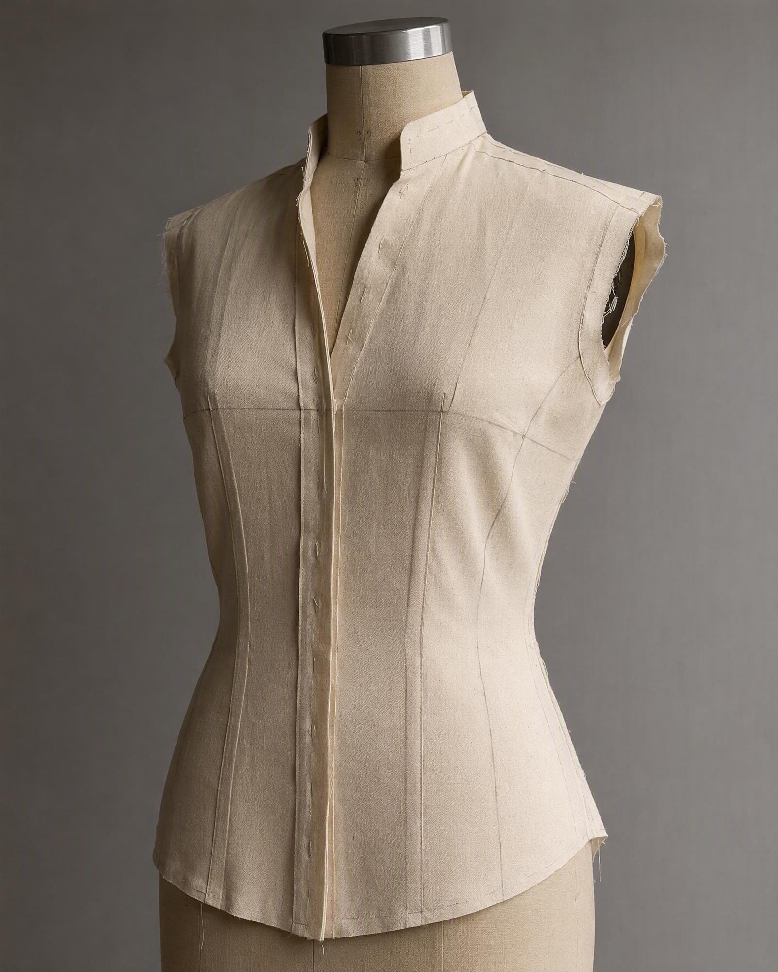 A calico toile on a dress form, marked with balance lines at the bust and seams