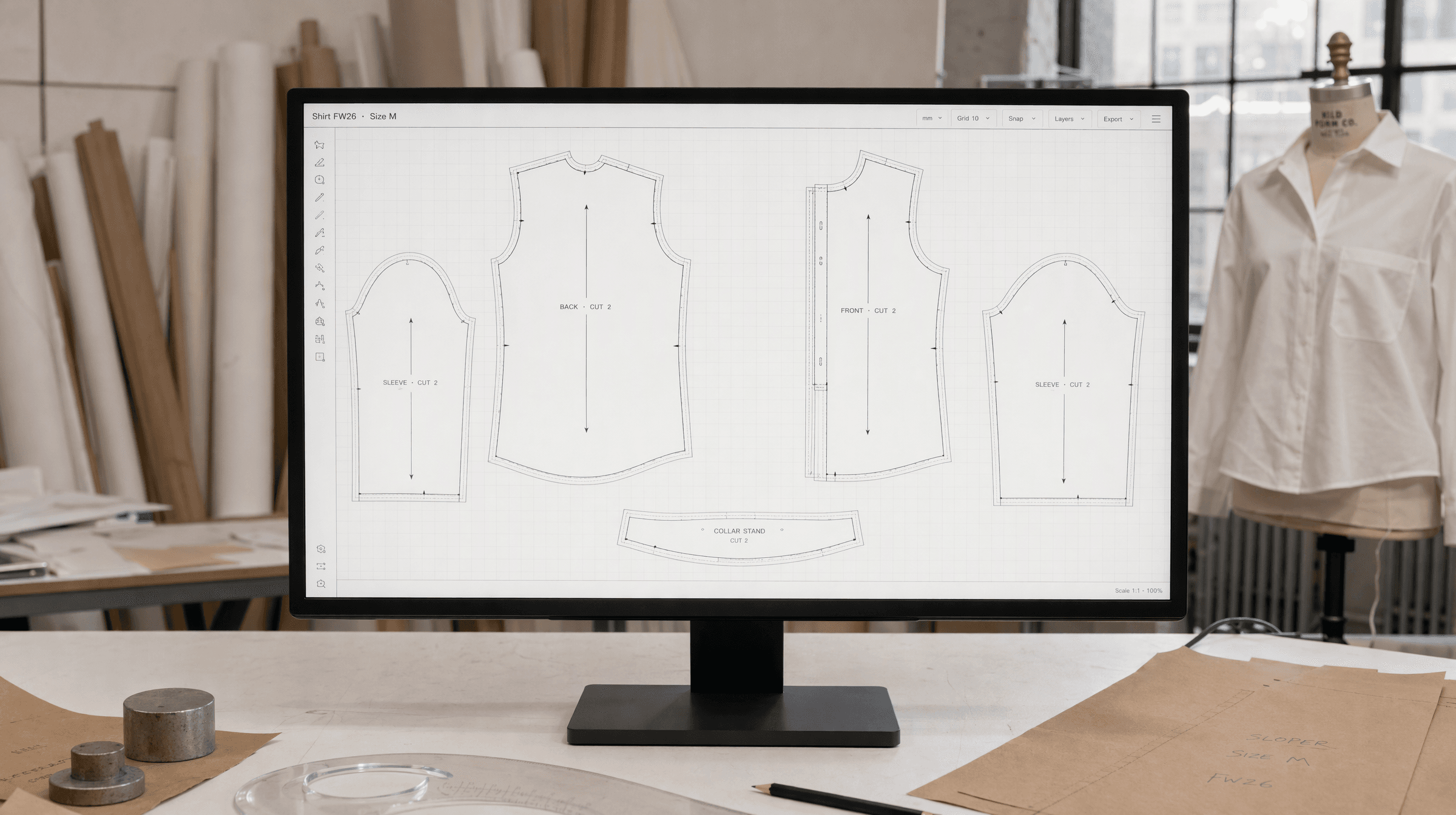 A studio monitor showing Gradestudio's drafting canvas, with a shirt's pattern pieces laid out on a paper grid