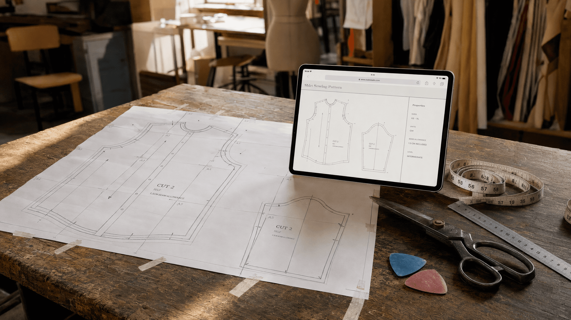 A tiled printed shirt pattern on a wooden cutting table, with a tablet showing the same pieces on the Gradestudio share page
