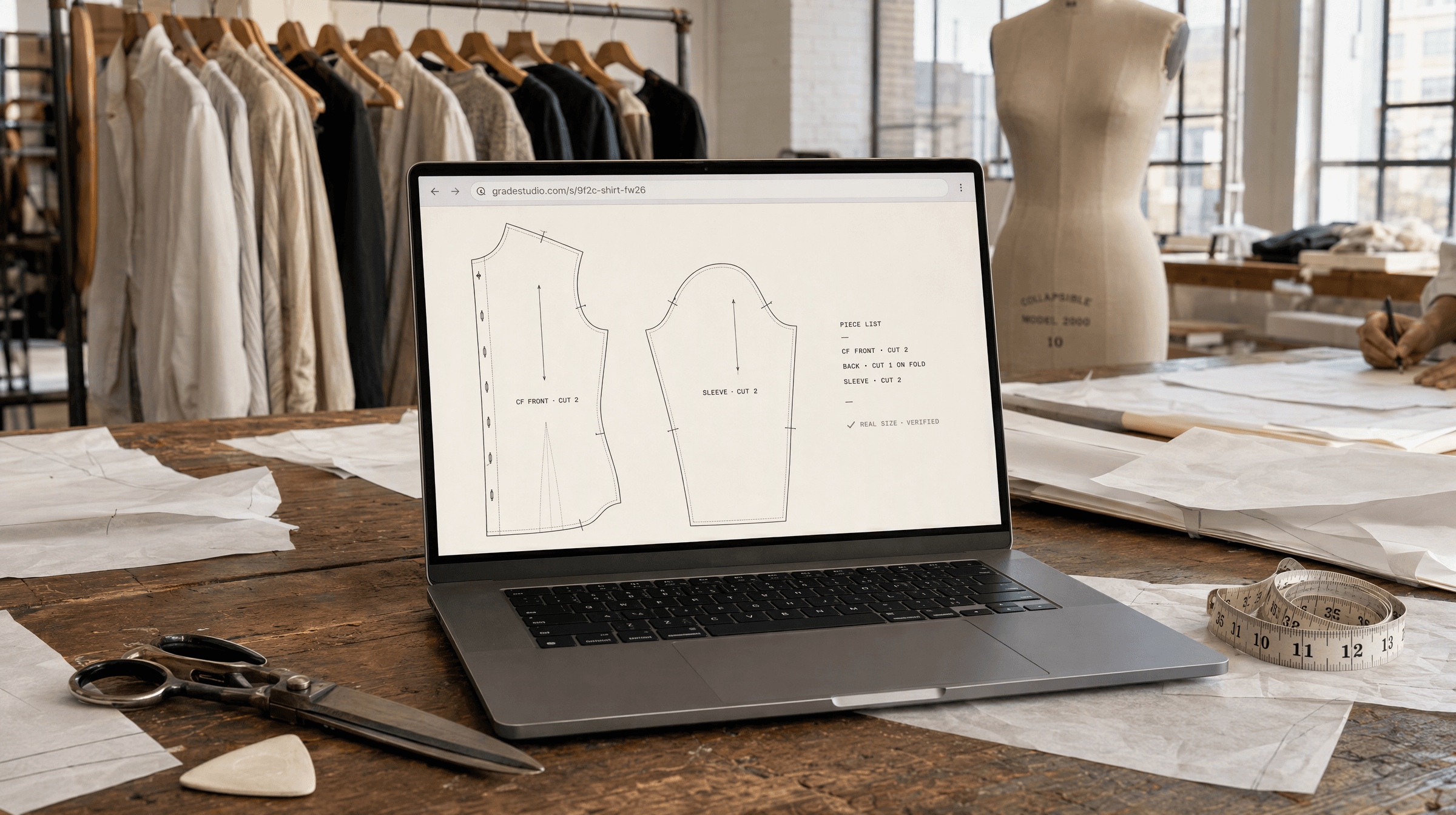 A laptop on a cutting table showing the Gradestudio share page, with shirt pattern pieces, a piece list, and tailor's shears beside it