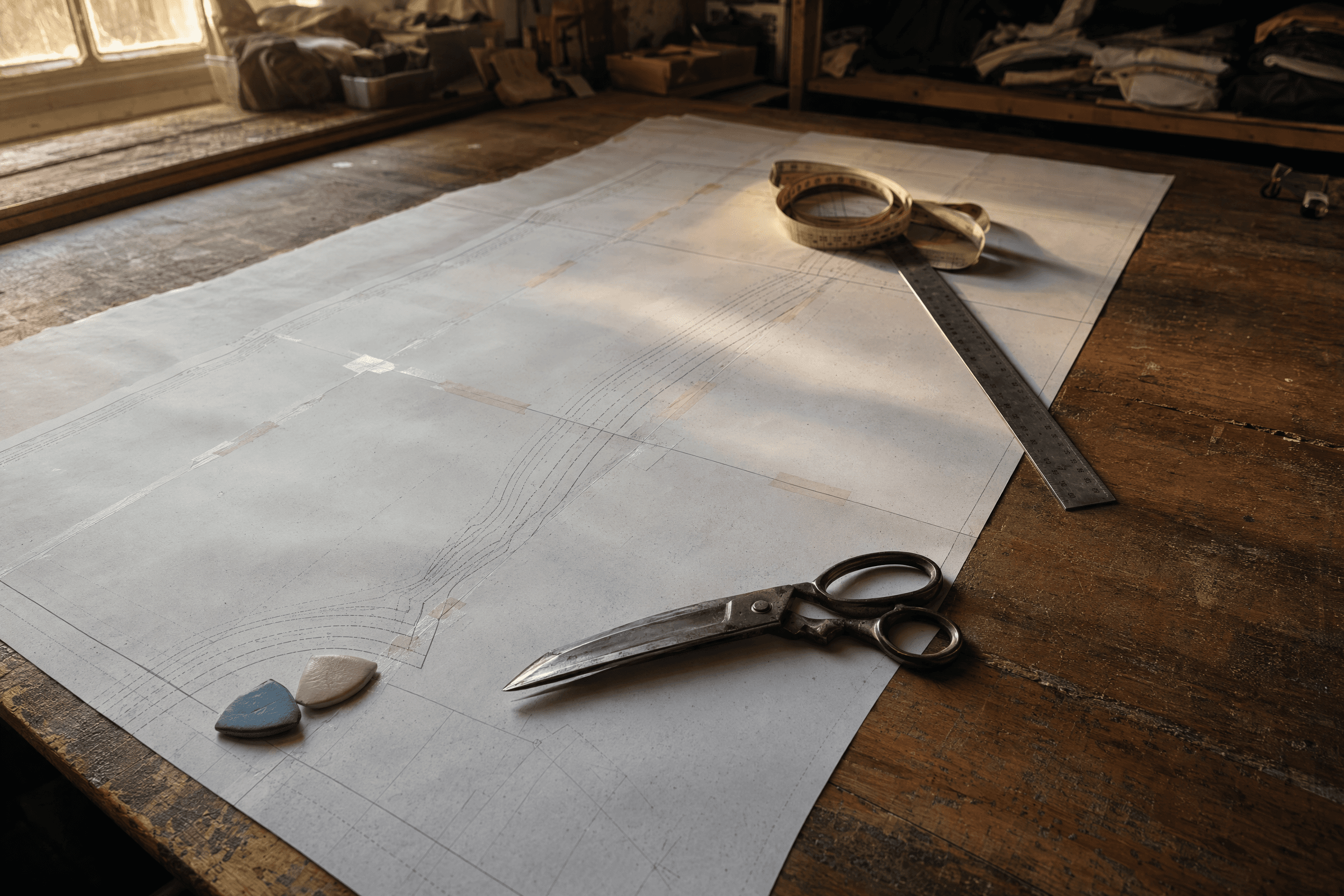 A full-size pattern printed and taped together on a worn wooden cutting table, with chalk, shears and a tape measure