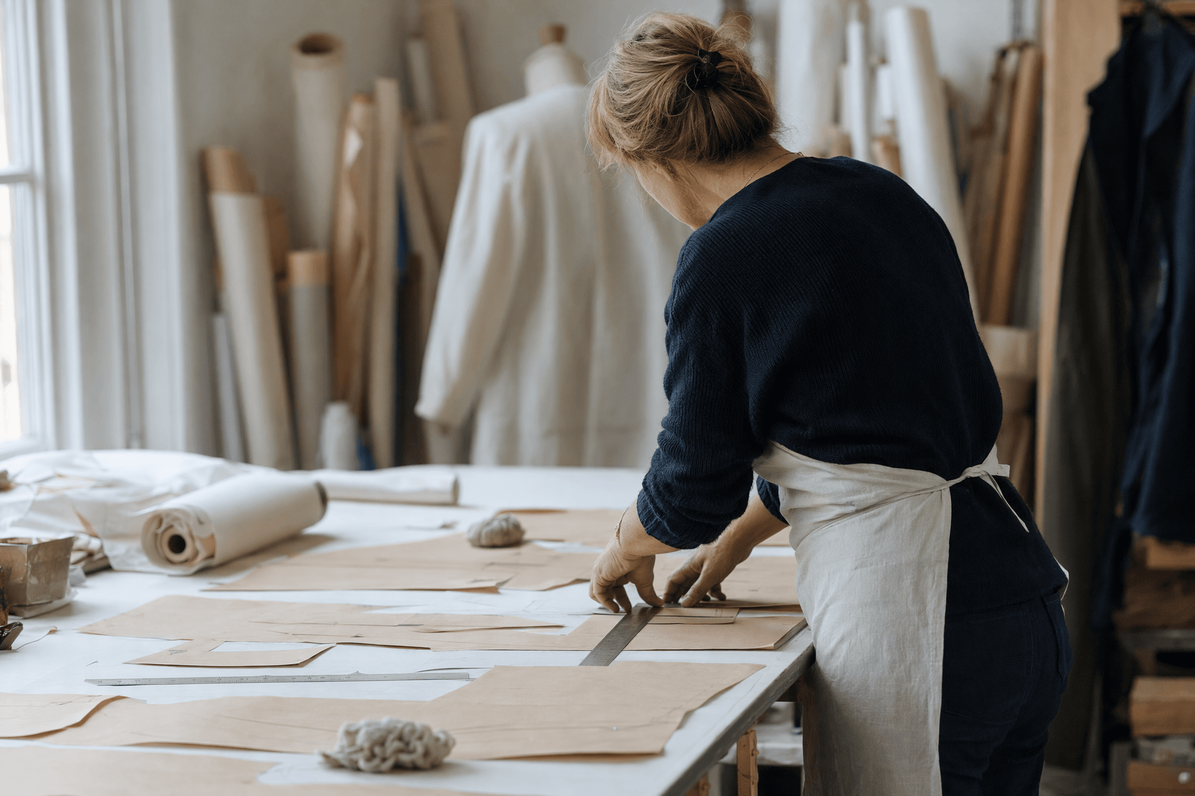 A pattern maker working over paper pattern pieces at a large studio table