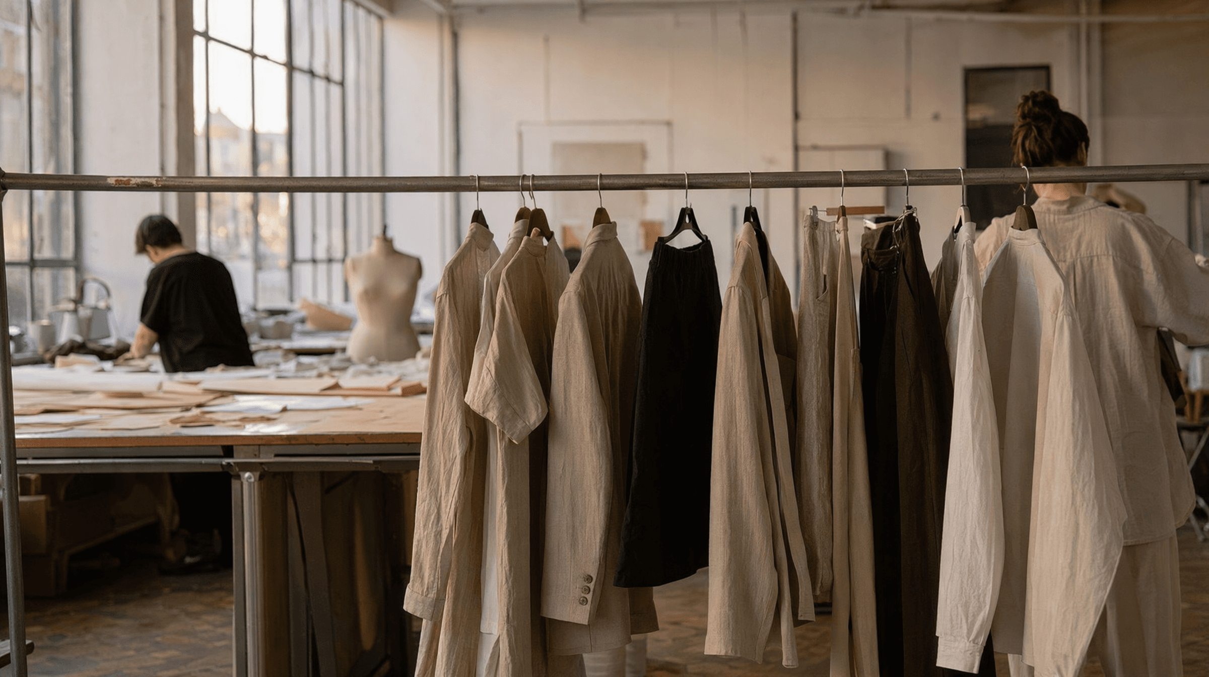 A rail of sample garments across a working studio, with a cutting table and two people at work behind it